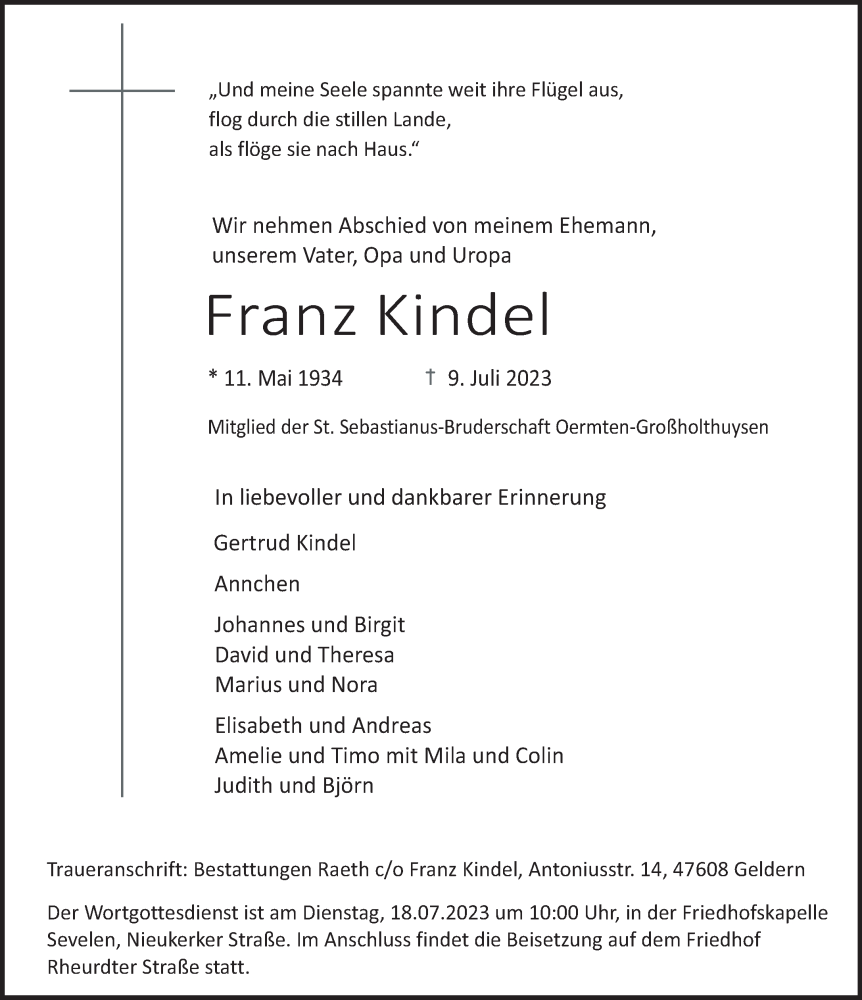  Traueranzeige für Franz Kindel vom 15.07.2023 aus NNA