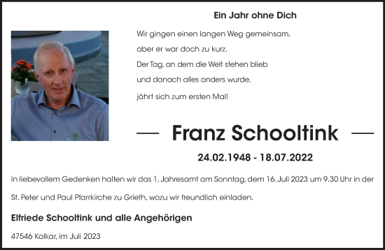 Traueranzeige von Franz Schooltink von NNA