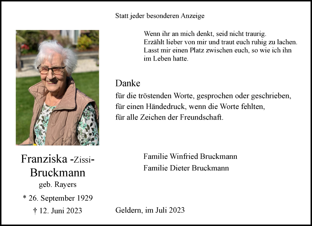  Traueranzeige für Franziska Bruckmann vom 08.07.2023 aus NNA
