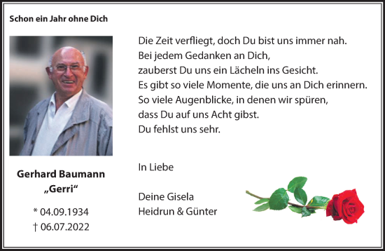 Traueranzeige von Gerhard Baumann von NNA