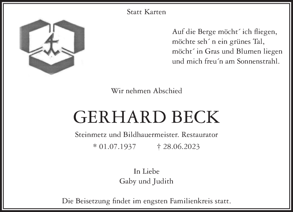  Traueranzeige für Gerhard Beck vom 08.07.2023 aus NNA