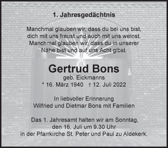 Traueranzeige von Gertrud Bons von NNA