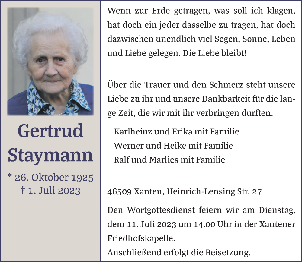  Traueranzeige für Gertrud Staymann vom 08.07.2023 aus NNA