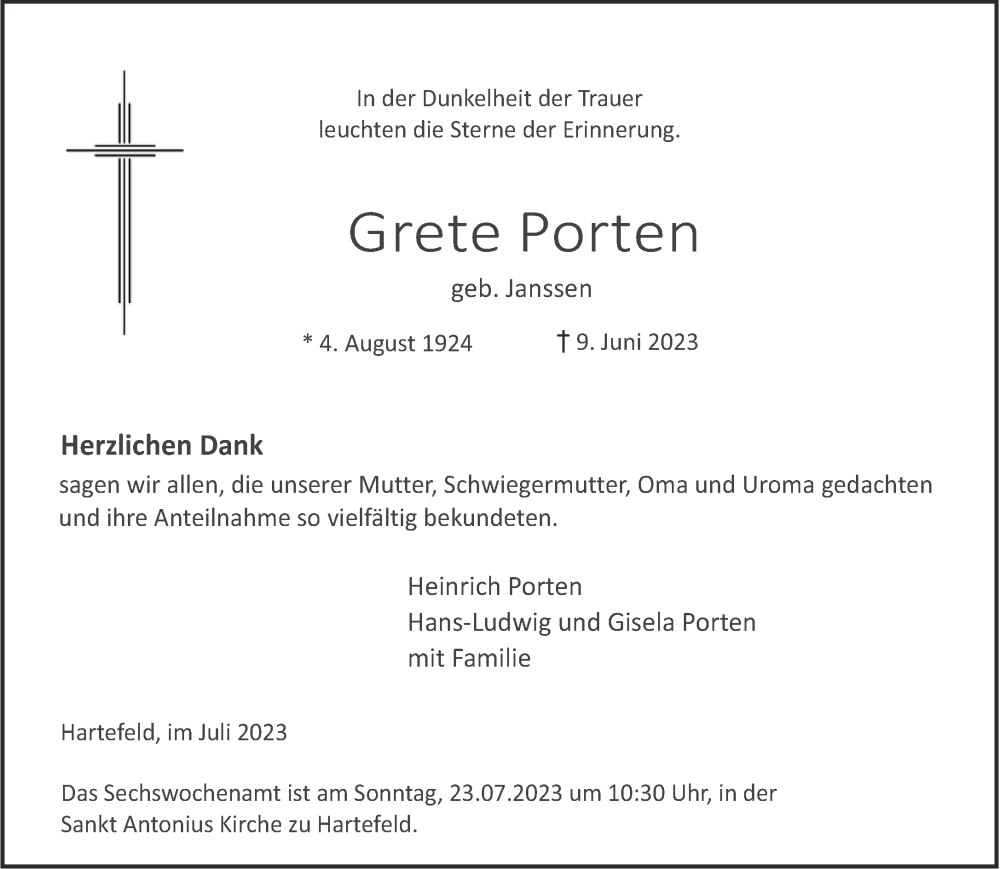 Traueranzeige für Grete Porten vom 15.07.2023 aus NNA