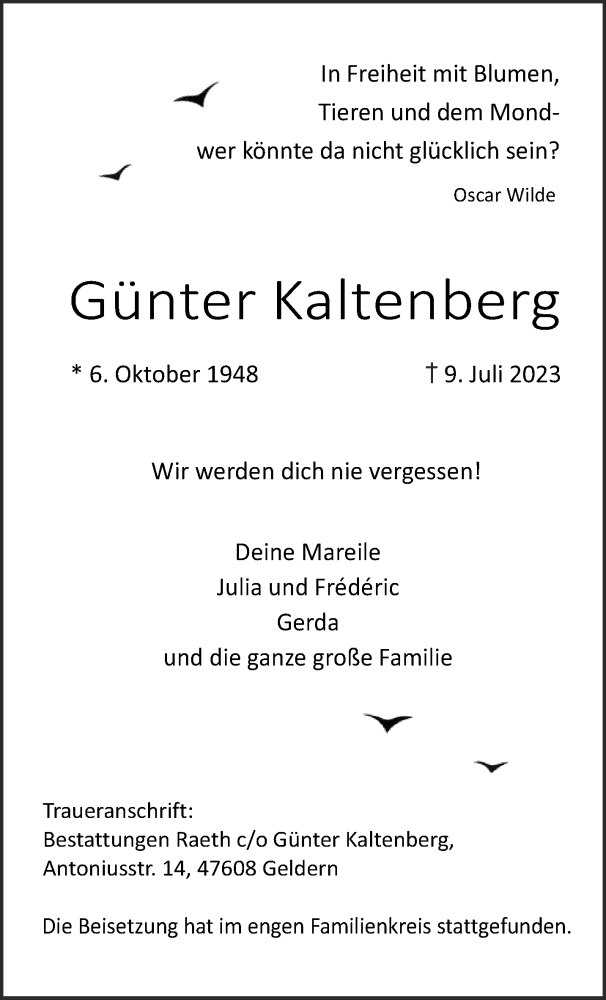  Traueranzeige für Günter Kaltenberg vom 29.07.2023 aus NNA