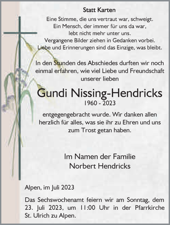 Traueranzeige von Gundi Nissing-Hendricks von NNA
