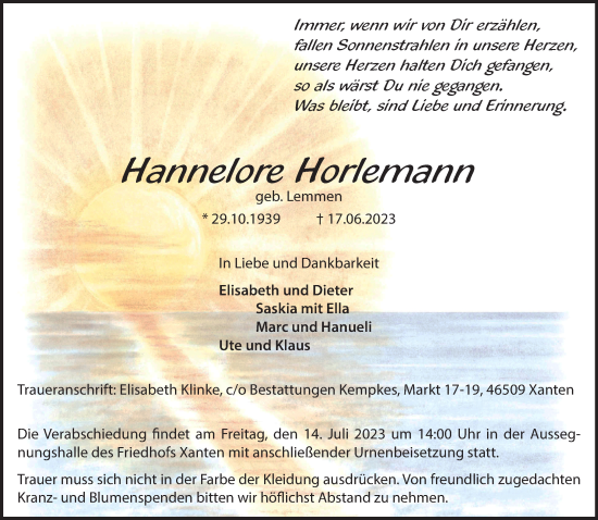 Traueranzeige von Hannelore Horlemann von NNA