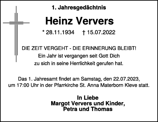 Traueranzeige von Heinz Ververs von NNA