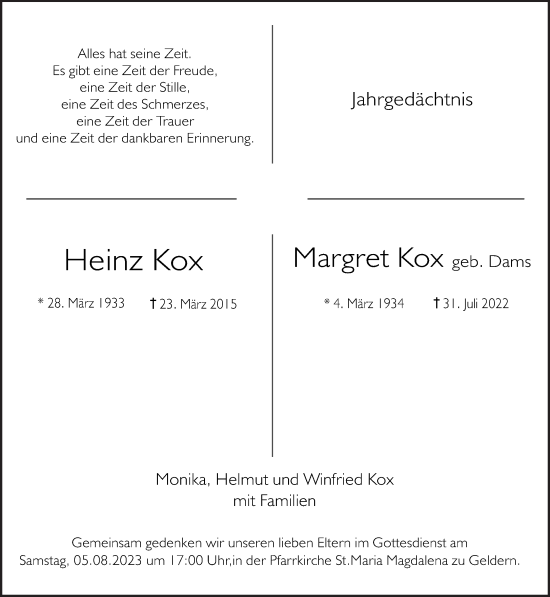 Traueranzeige von Heinz und Margret Kox von NNA