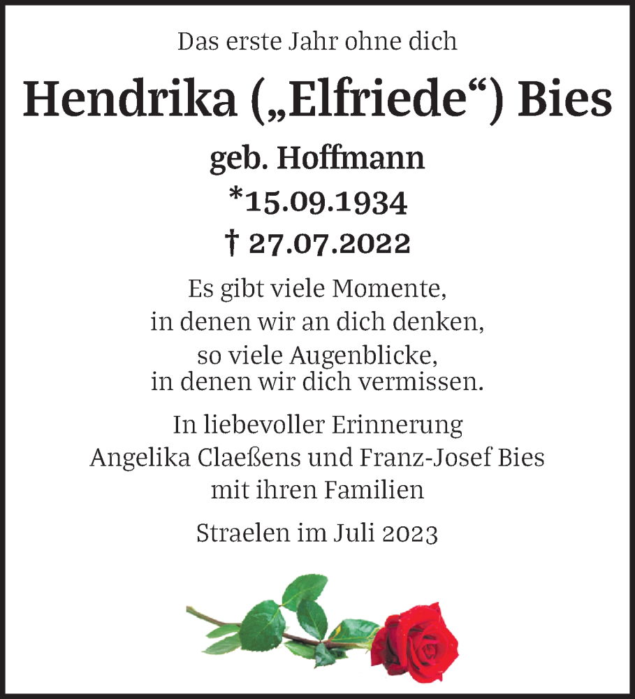  Traueranzeige für Hendrika Bies vom 29.07.2023 aus NNA