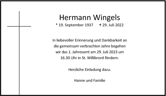 Traueranzeige von Hermann Wingels von NNA
