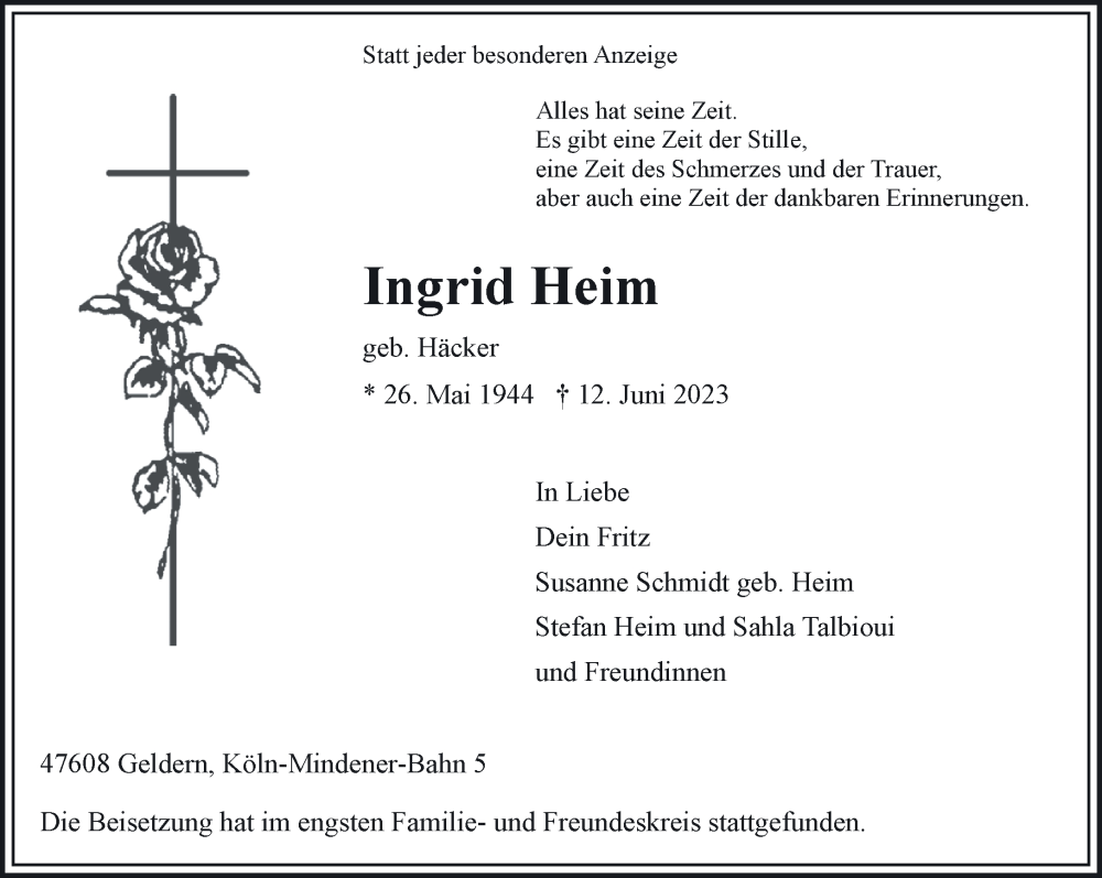  Traueranzeige für Ingrid Heim vom 01.07.2023 aus NNA