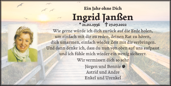 Traueranzeige von Ingrid Janßen von NNA