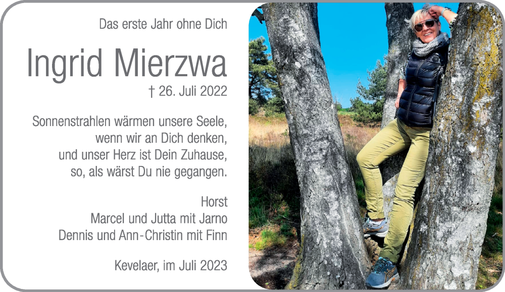  Traueranzeige für Ingrid Mierzwa vom 22.07.2023 aus NNA