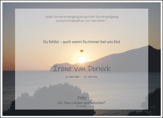 Traueranzeige von Irene van Dornick von NNA