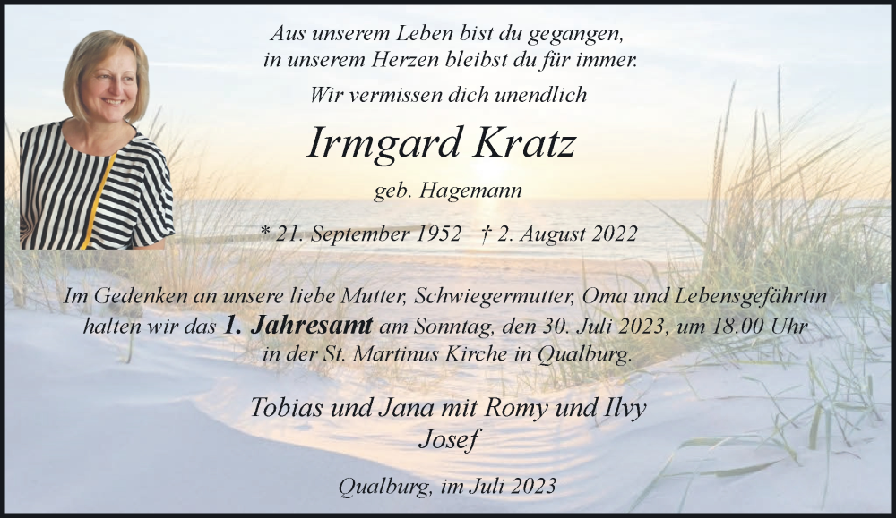  Traueranzeige für Irmgard Kratz vom 22.07.2023 aus NNA