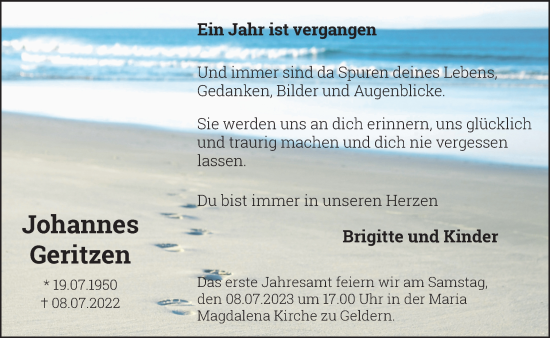 Traueranzeige von Johannes Geritzen von NNA