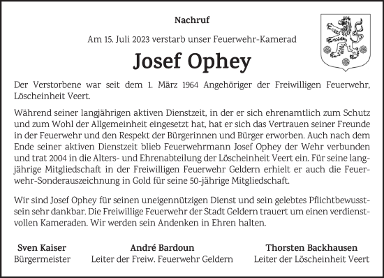 Traueranzeige von Josef Ophey von NNA
