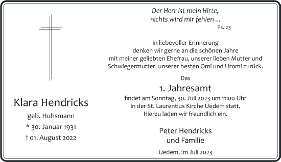 Traueranzeige von Klara Hendricks von NNA