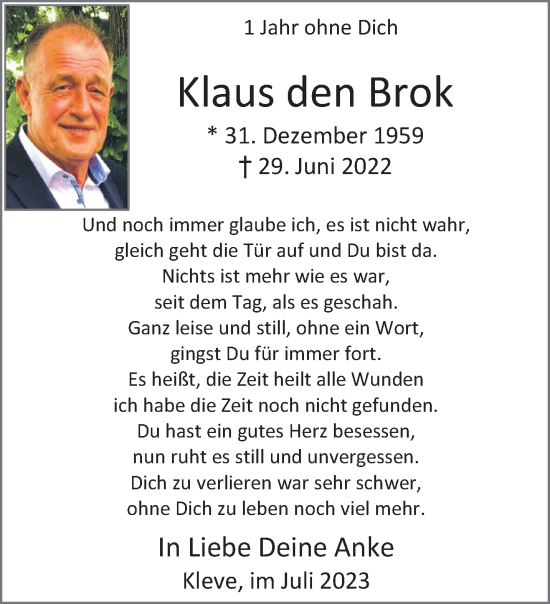 Traueranzeige von Klaus den Brok von NNA