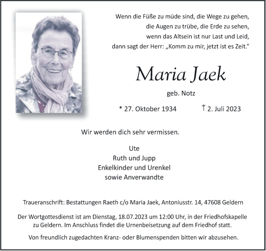 Traueranzeige von Maria Jaek von NNA