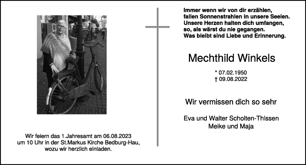  Traueranzeige für Mechthild Winkels vom 29.07.2023 aus NNA