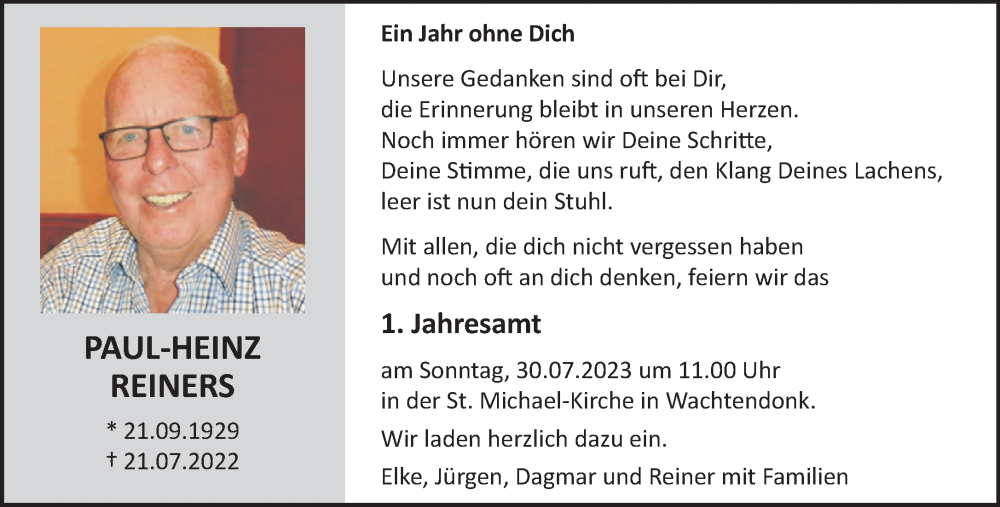  Traueranzeige für Paul-Heinz Reinders vom 22.07.2023 aus NNA