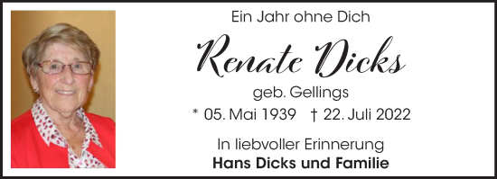 Traueranzeige von Renate Dicks von NNA