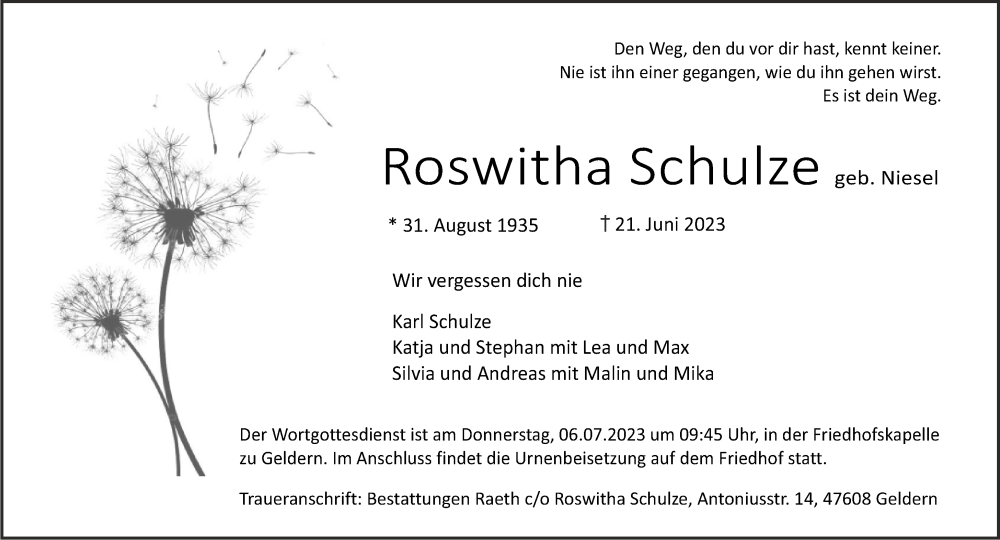  Traueranzeige für Roswitha Schulze vom 01.07.2023 aus NNA