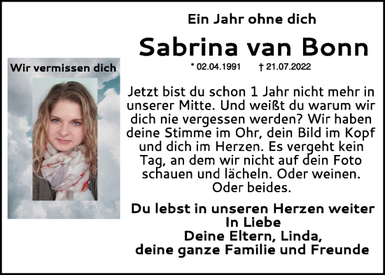 Traueranzeige von Sabrina van Bonn von NNA