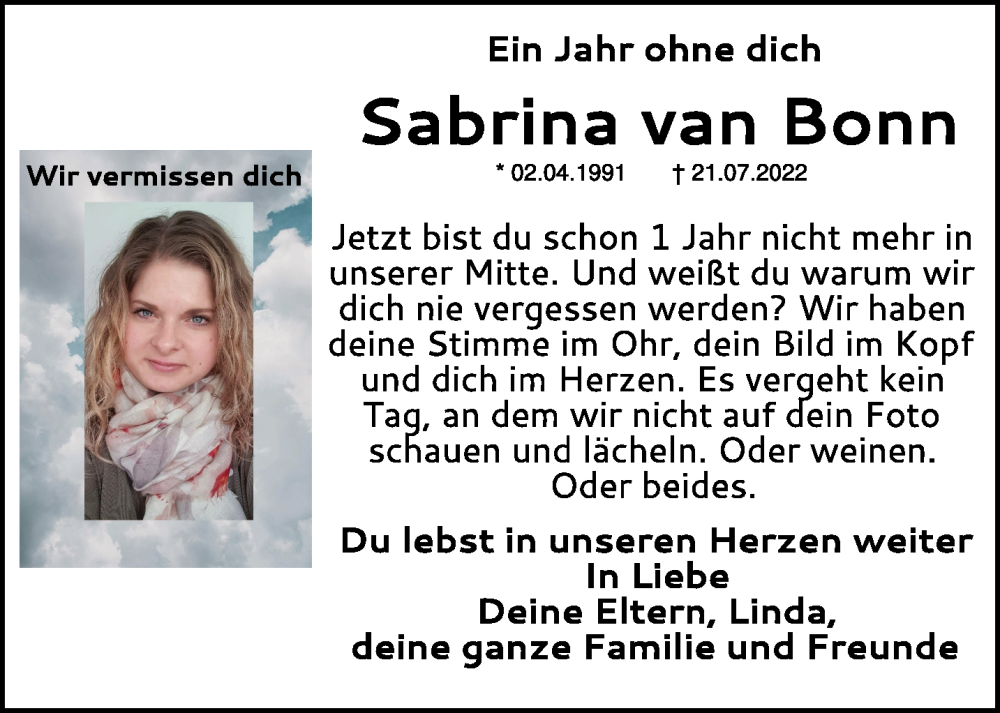  Traueranzeige für Sabrina van Bonn vom 22.07.2023 aus NNA