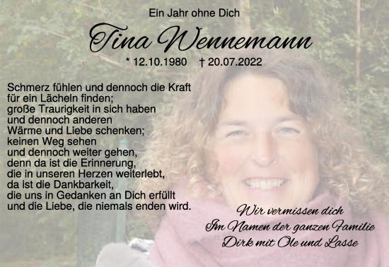 Traueranzeige von Tina Wennemann von NNA