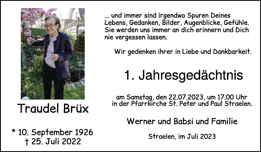  Traueranzeige für Traudel Brüx vom 19.07.2023 aus NNA