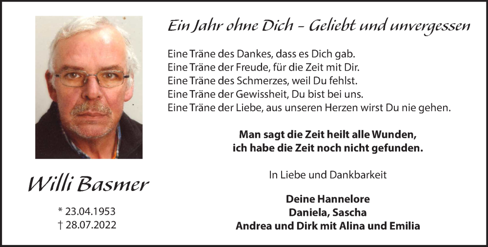  Traueranzeige für Willi Basmer vom 29.07.2023 aus NNA
