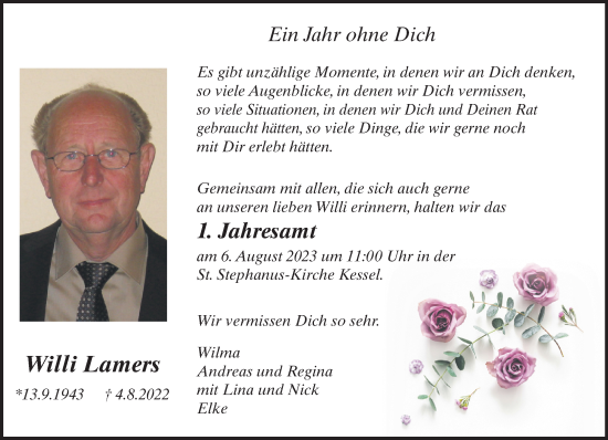 Traueranzeige von Willi Lamers von NNA