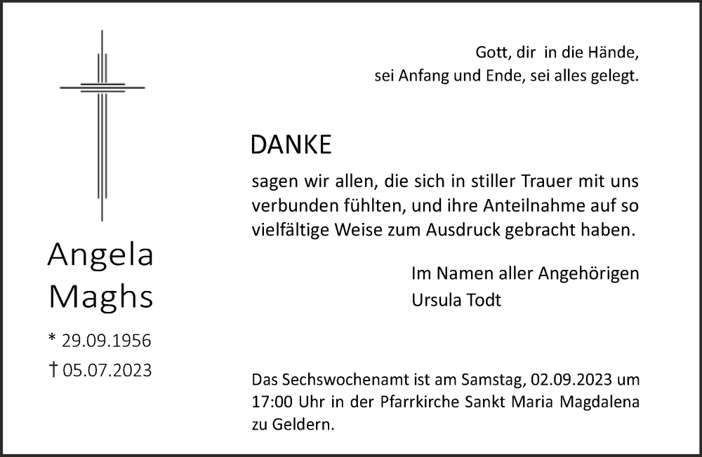  Traueranzeige für Angela Maghs vom 26.08.2023 aus NNA