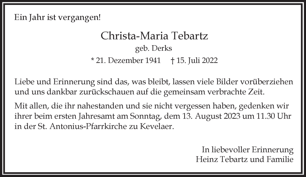  Traueranzeige für Christa-Maria Tebartz vom 05.08.2023 aus NNA