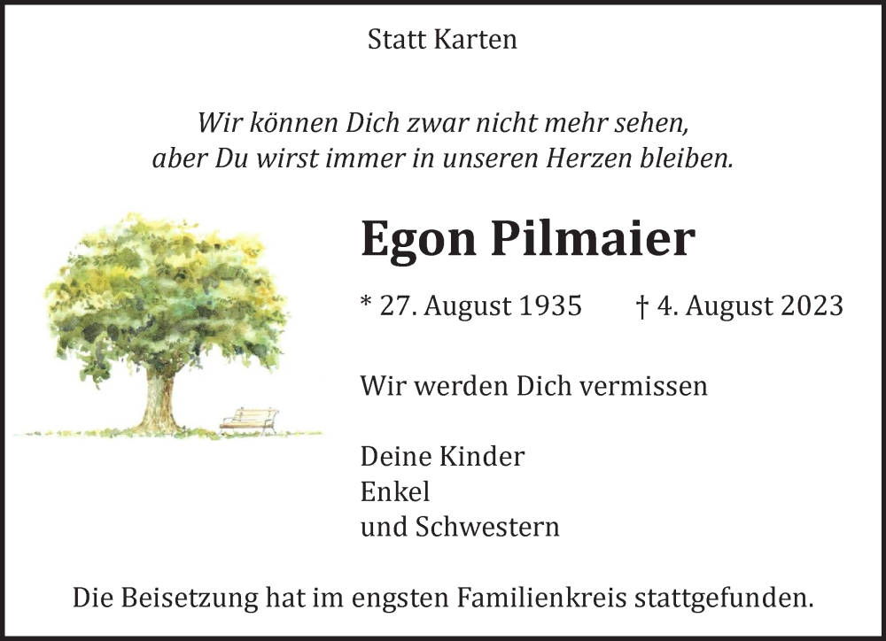 Traueranzeige für Egon Pilmaier vom 12.08.2023 aus NNA