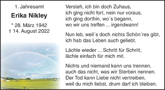 Traueranzeige von Erika Nikley von NNA