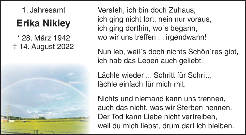  Traueranzeige für Erika Nikley vom 12.08.2023 aus NNA