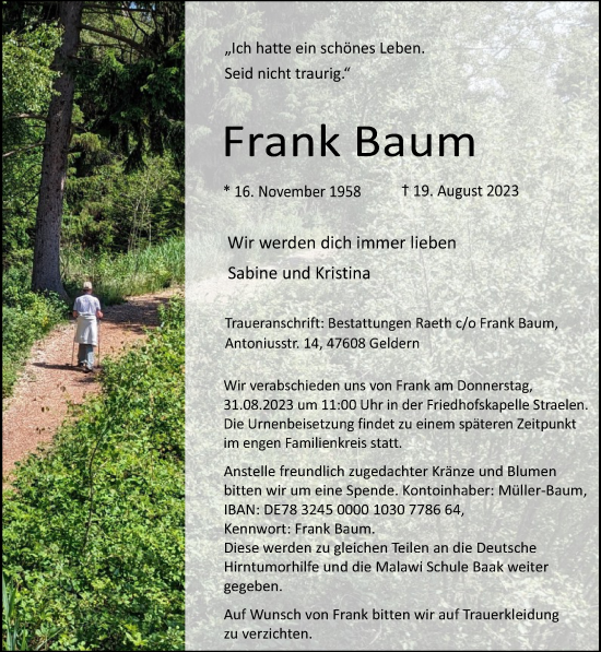 Traueranzeige von Frank Baum von NNA