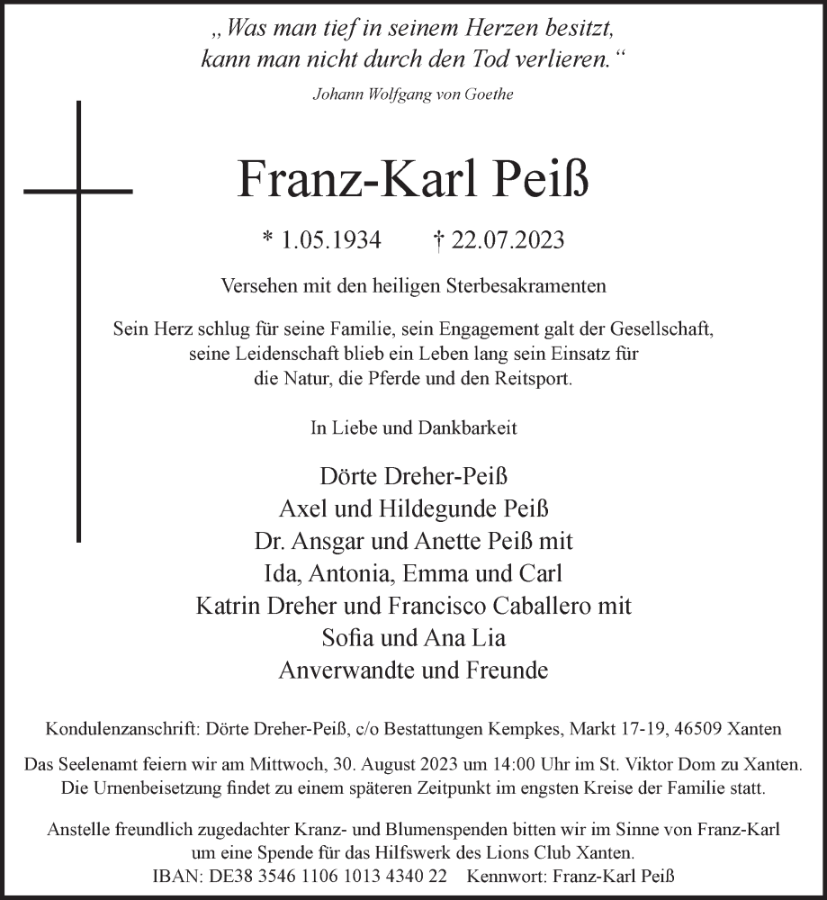  Traueranzeige für Franz-Karl Peiß vom 12.08.2023 aus NNA