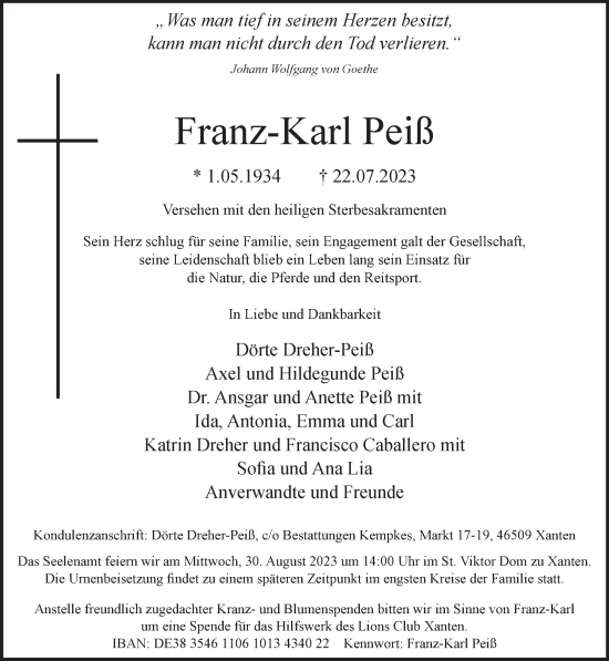 Traueranzeige von Franz-Karl Peiß von NNA