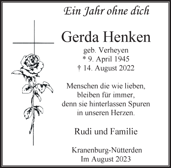 Traueranzeige von Gerda Henken von NNA