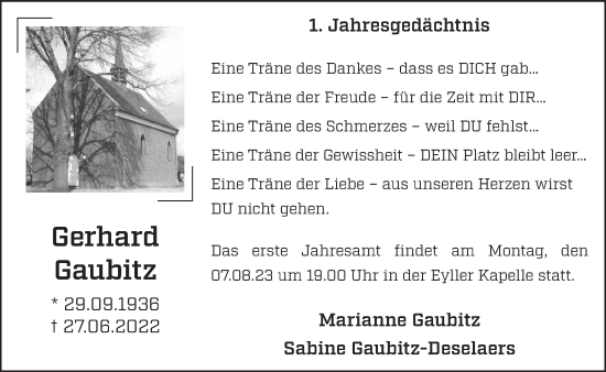 Traueranzeige von Gerhard Gaubitz von NNA