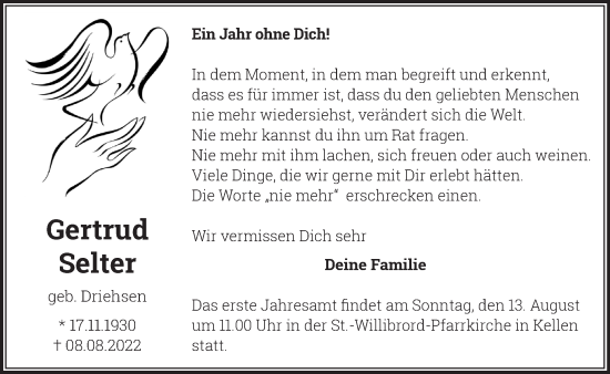 Traueranzeige von Gertrud Selter von NNA