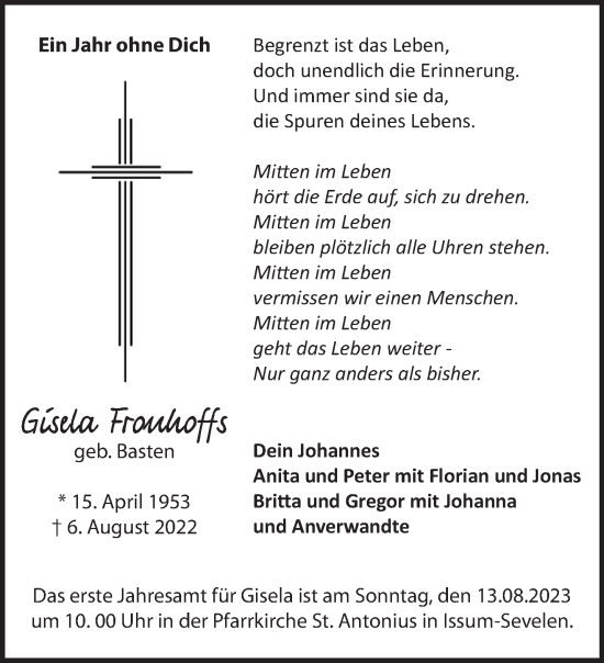 Traueranzeige von Gisela Fronhoffs von NNA