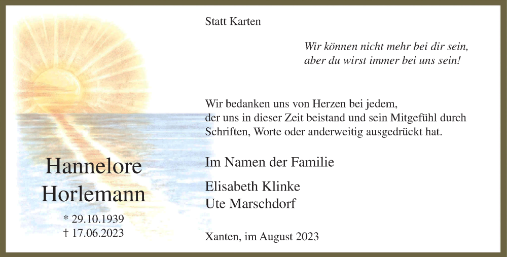  Traueranzeige für Hannelore Horlemann vom 26.08.2023 aus NNA