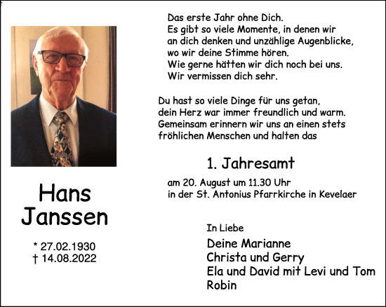 Traueranzeige von Hans Janssen von NNA