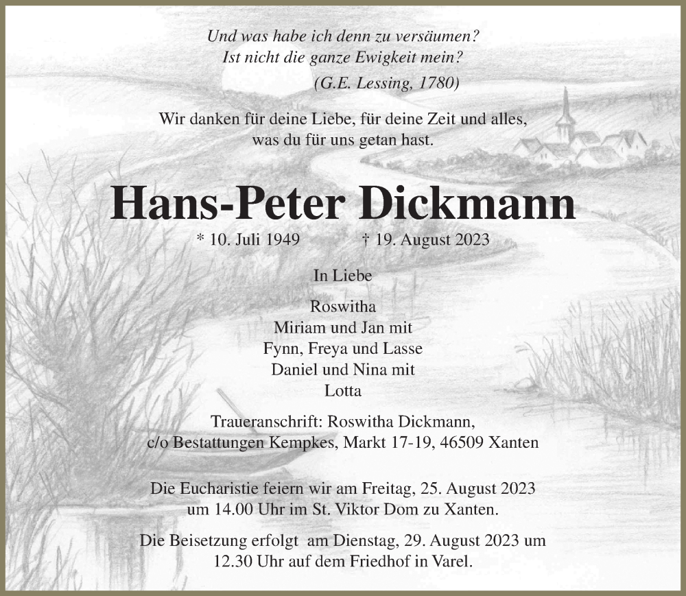  Traueranzeige für Hans-Peter Dickmann vom 23.08.2023 aus NNA